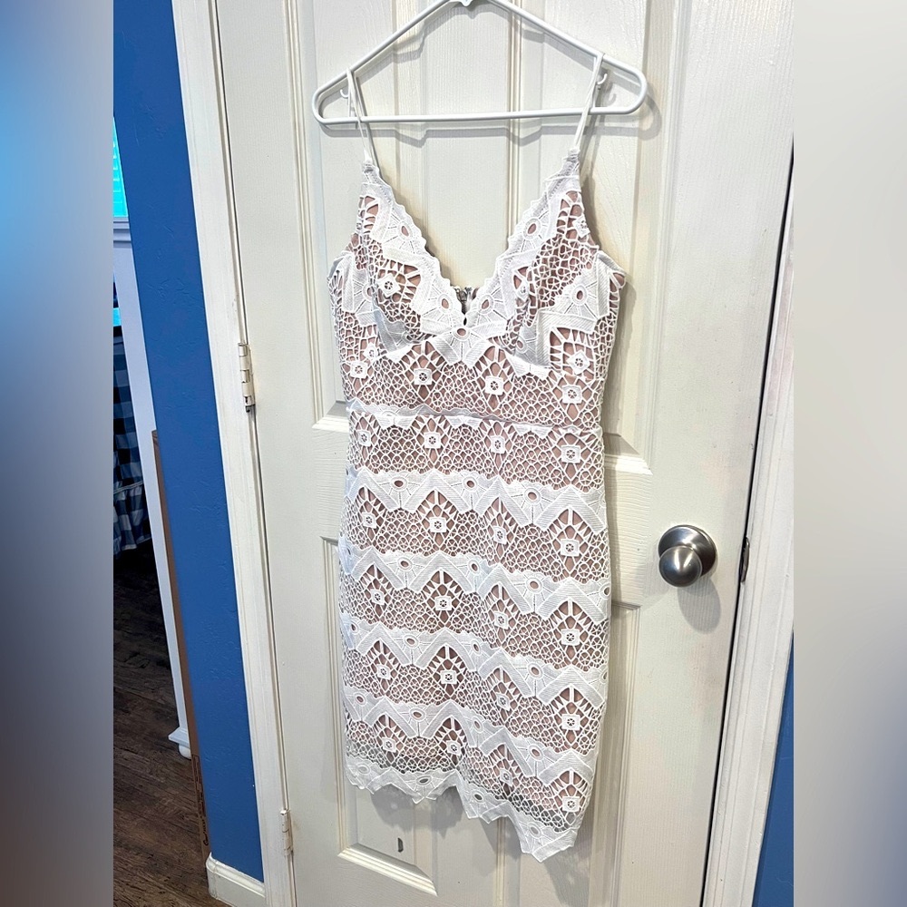 Lulus white and tan style lace overlay bodycon dress coquette fairy wedding - Picture 2 of 15